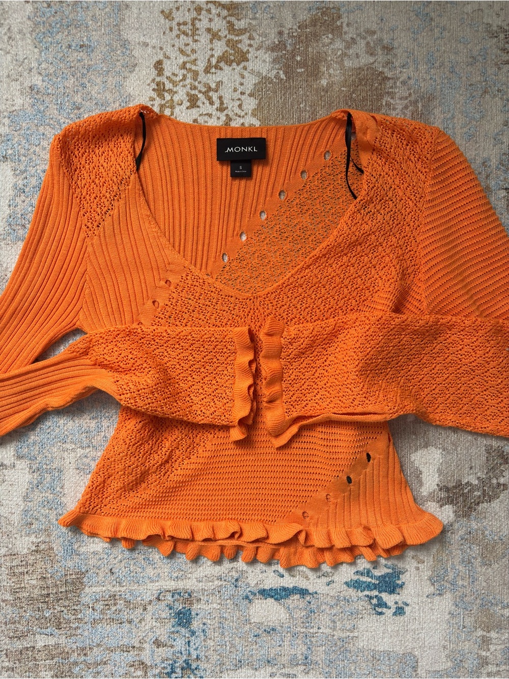 Monki Orange Mixed‑Knit V‑Neck Ruffle Hem Sweater